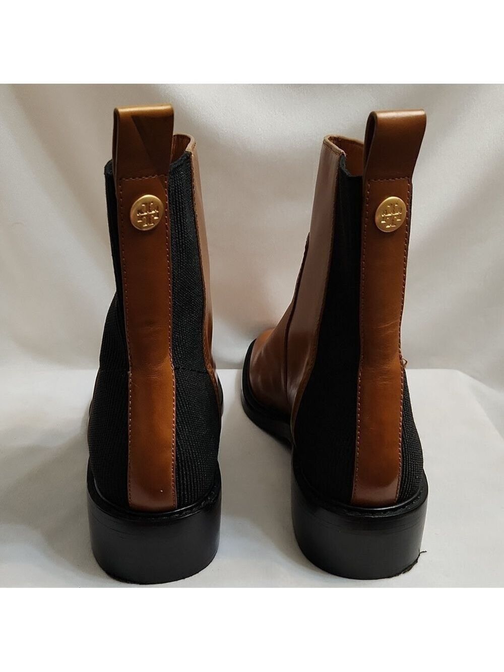 Tory Burch Chelsea Brown Black Leather Heeled Ankle Boots (W Size 10) - Picture 7 of 16
